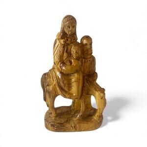 Vtg Hand Carved Olive Wood Holy Family Figurine Baby Jesus Mary Joseph & Donkey